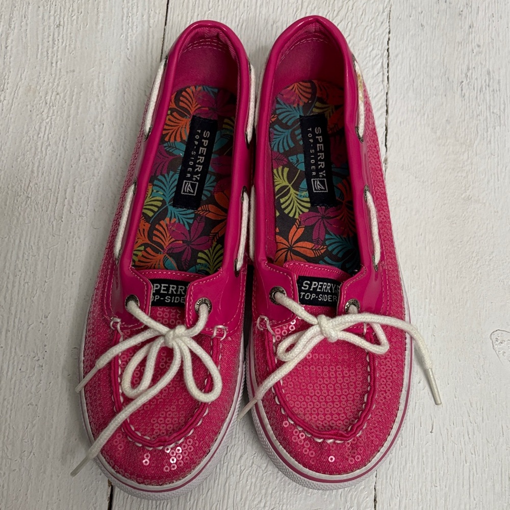 Sperry Girls Top-Siders Pink Sequin Shoes with White Laces 4